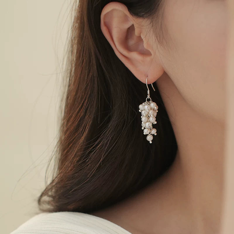 Natural Pearl Tassel Grape Cluster Earrings for Women – Retro Style S925 Silver Ear Hook Earrings