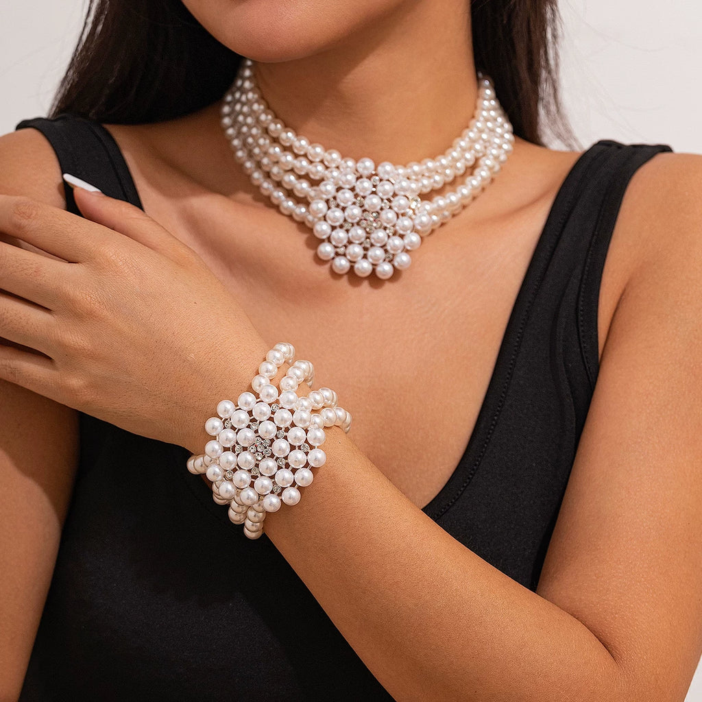 Diamond-Encrusted Hollow Multi-Layer Imitation Pearl Bracelet Necklace For Women, Hip-Hop Exaggerated Fashion Personality Photo Accessories