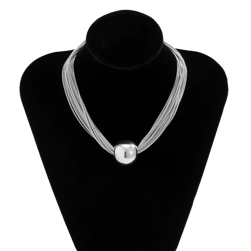 Love V Metal Ball Necklace for Women – European & American Retro Layered Titanium Steel Clavicle Chain Collar Jewelry