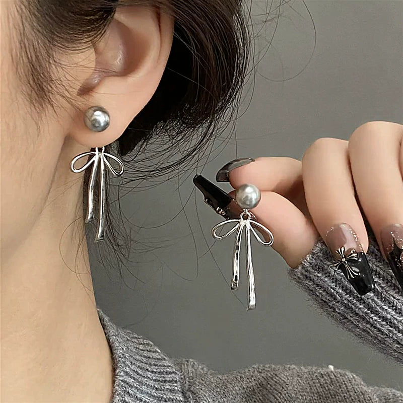 Gray Pearl Bow Tassel Earrings for Women – S925 Silver Needle Long Drop Fashion Earrings