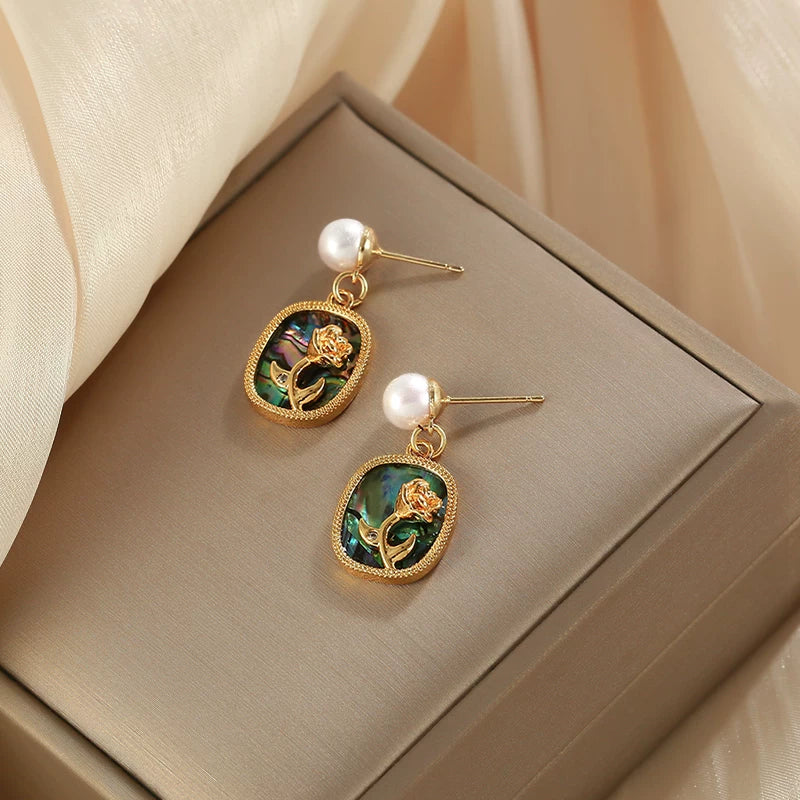 Geometric Mother-of-Pearl Earrings for Women – Rose Mirror Finish Retro Style Fashion Earrings