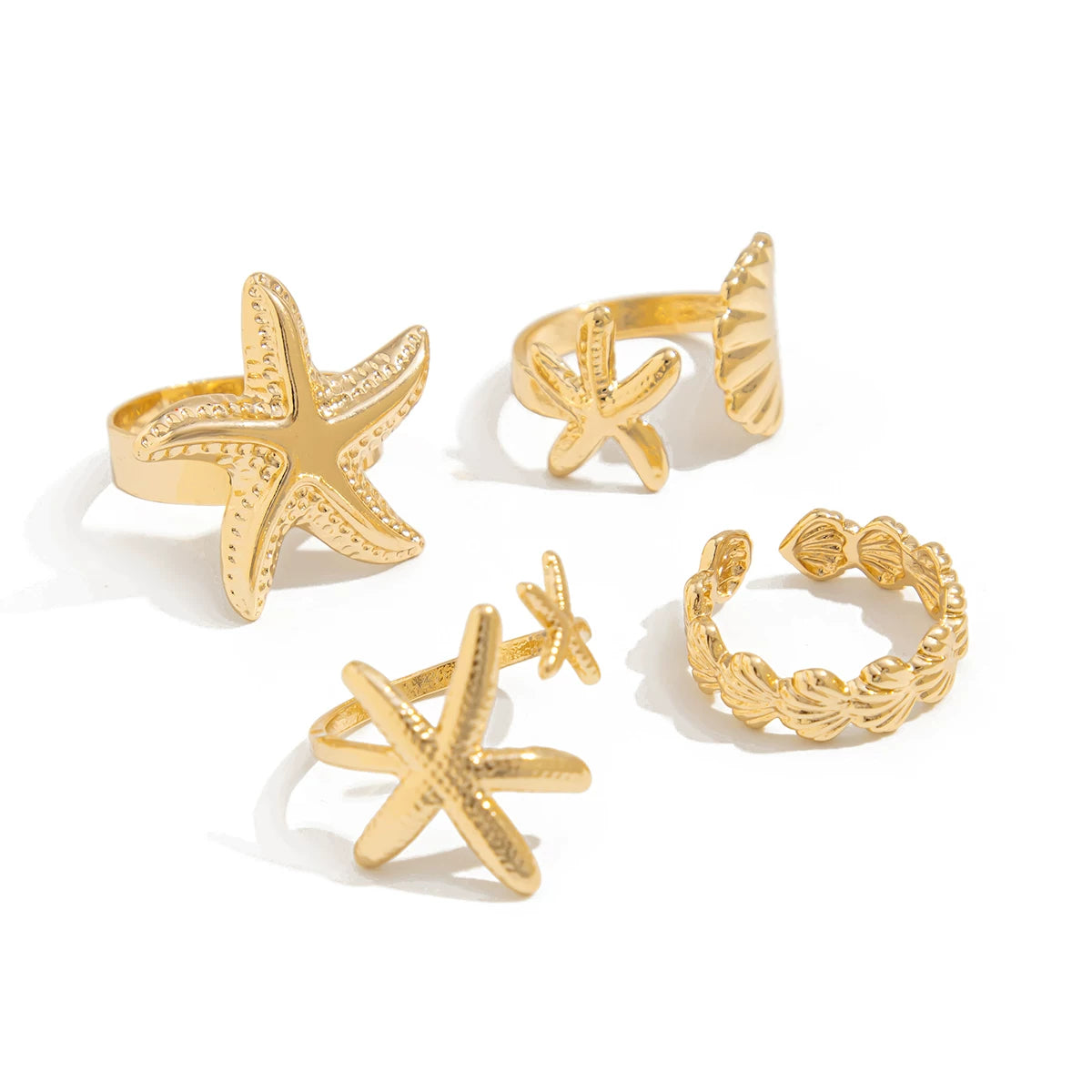 4-Piece Starfish Scallop Ring Set, European And American Summer Trendy Design, Fashionable Seaside Travel And Vacation Matching Accessories