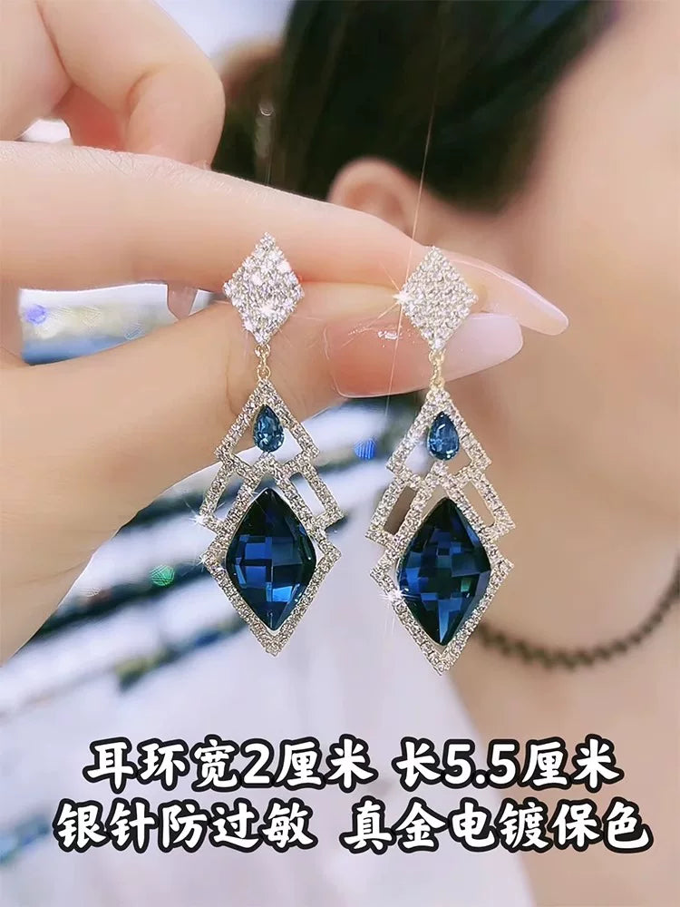 Clearance Blue Rhombus Earrings for Women – Elegant Geometric Fashion Jewelry Accessories