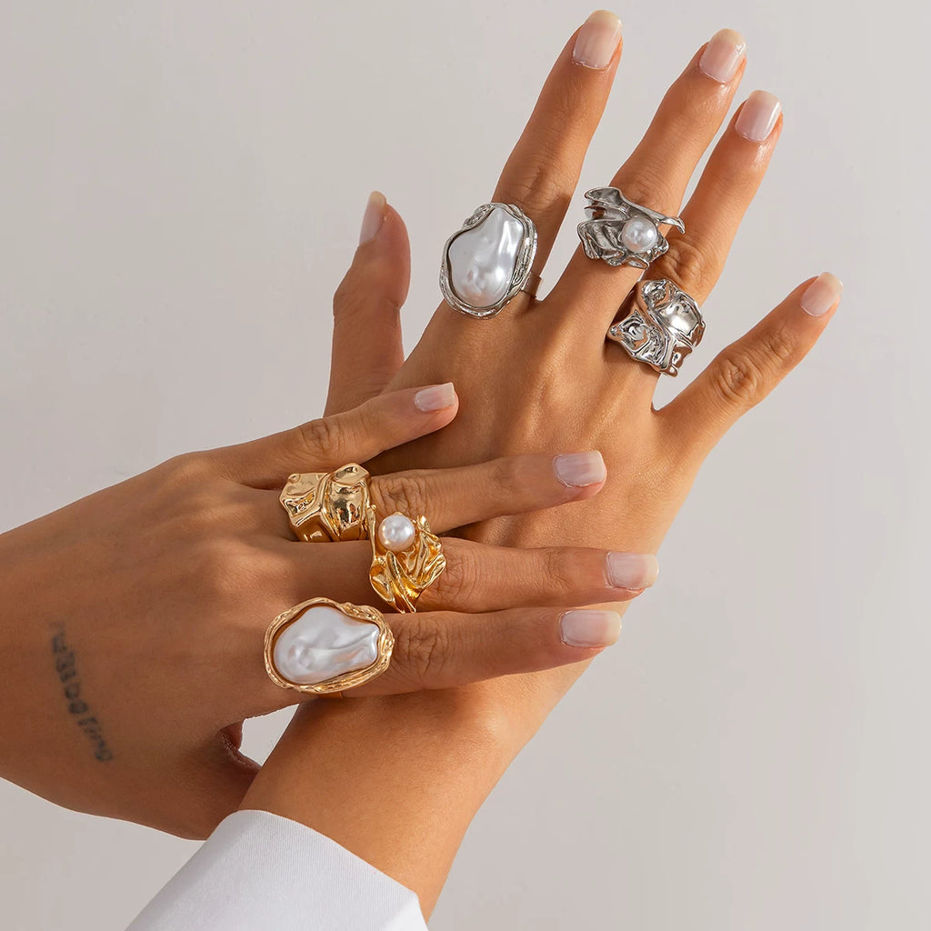 3-Piece Baroque Imitation Pearl Irregular Ring Set European And American Personalized Fashion Niche Design Ring Set