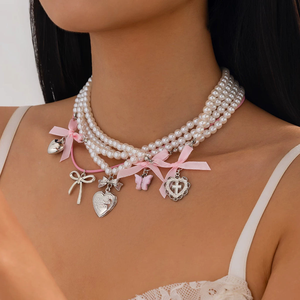 5-Piece Peach Heart & Bow Imitation Pearl Necklace Set – Layered Clavicle Chain Design