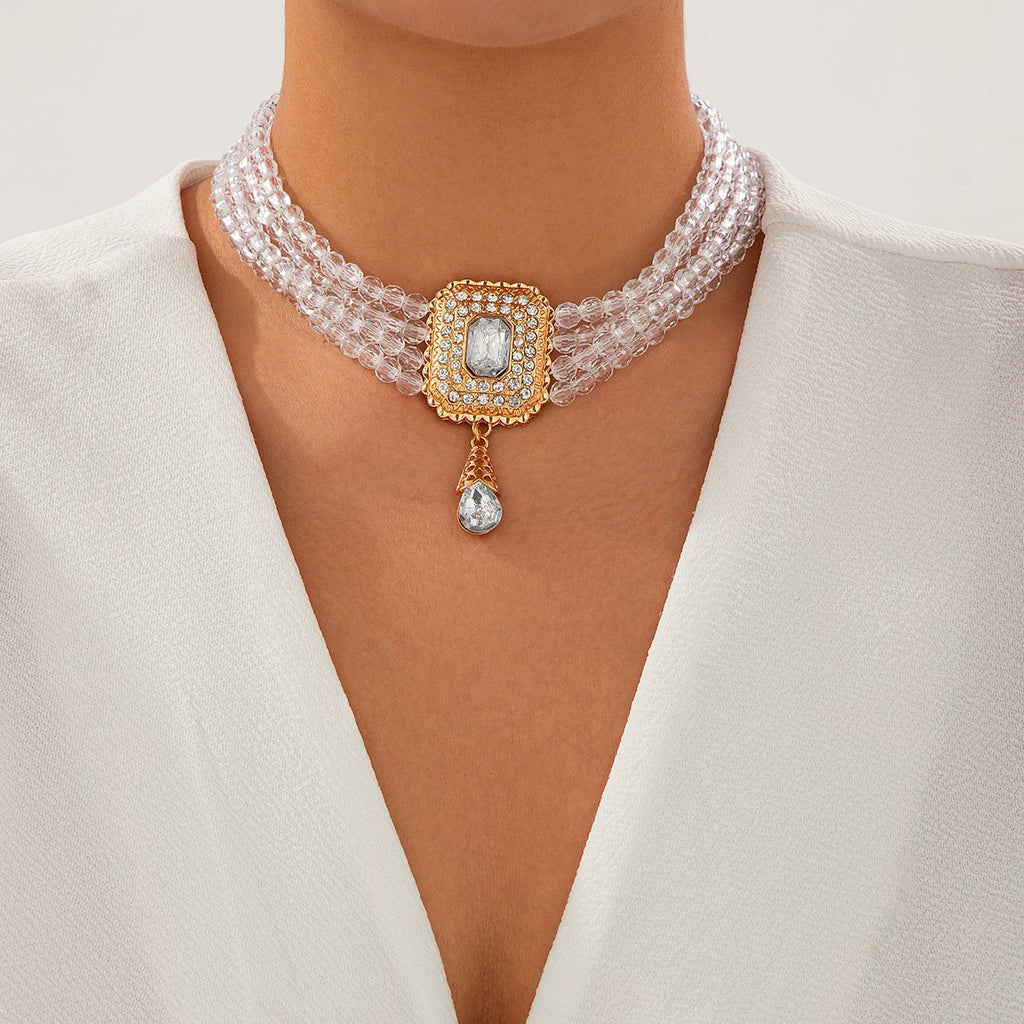 Square Diamond-Style Acrylic Beads Layered Clavicle Necklace for Women – Light Luxury Fashion