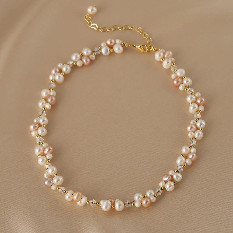 Double Layer Braided Natural Pearl Necklace and Bracelet Set for Women – Beaded Jewelry Set