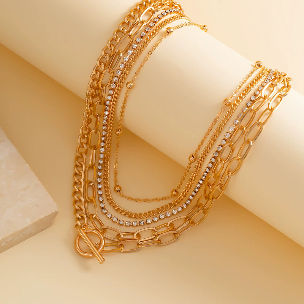 5-Piece Diamond-Style Cross Necklace Set with Prong Setting – Layered Clavicle Chain Design