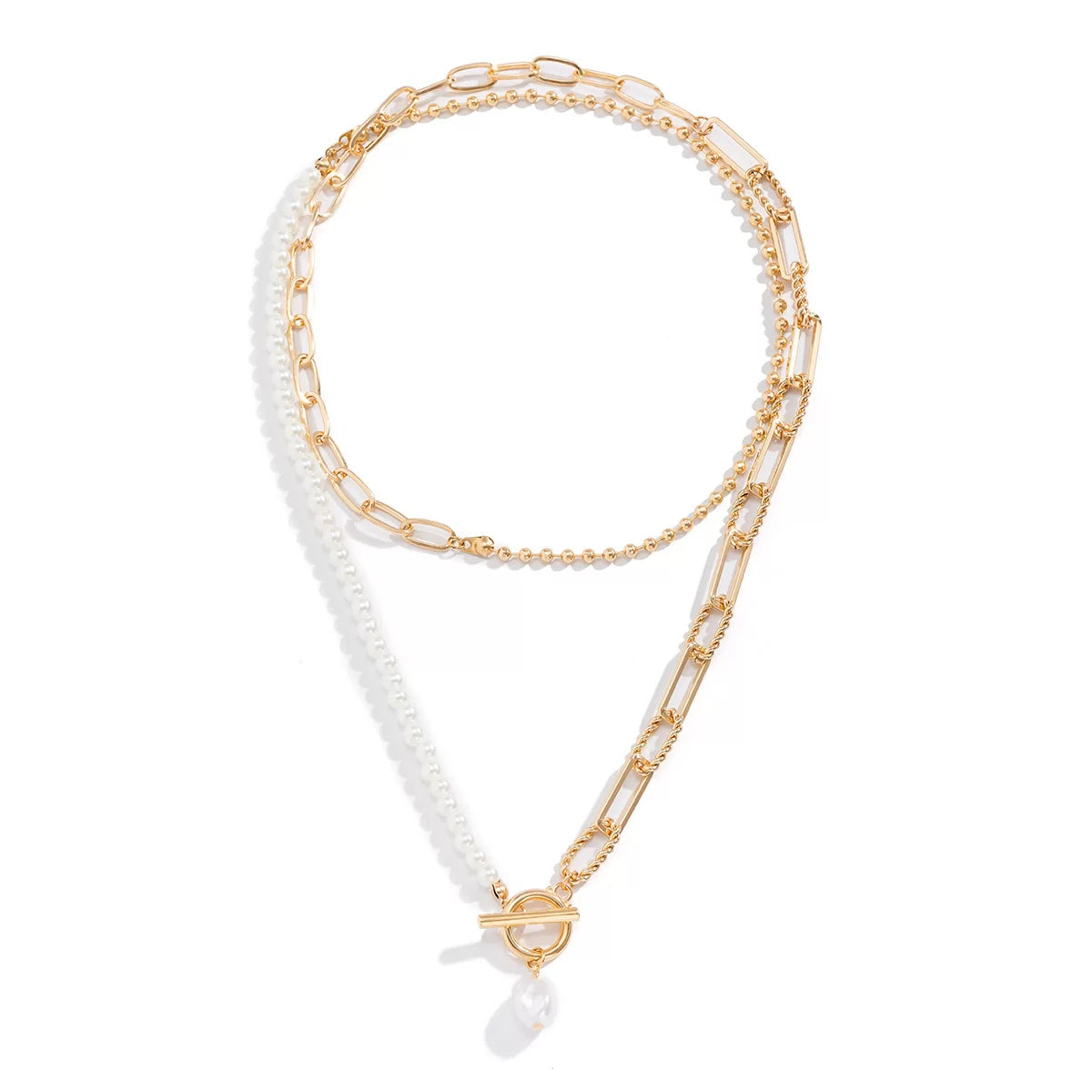 Love V Double Chain Necklace for Women – European & American Trendy OT Buckle Clavicle Chain, Retro Imitation Pearl Layered Jewelry