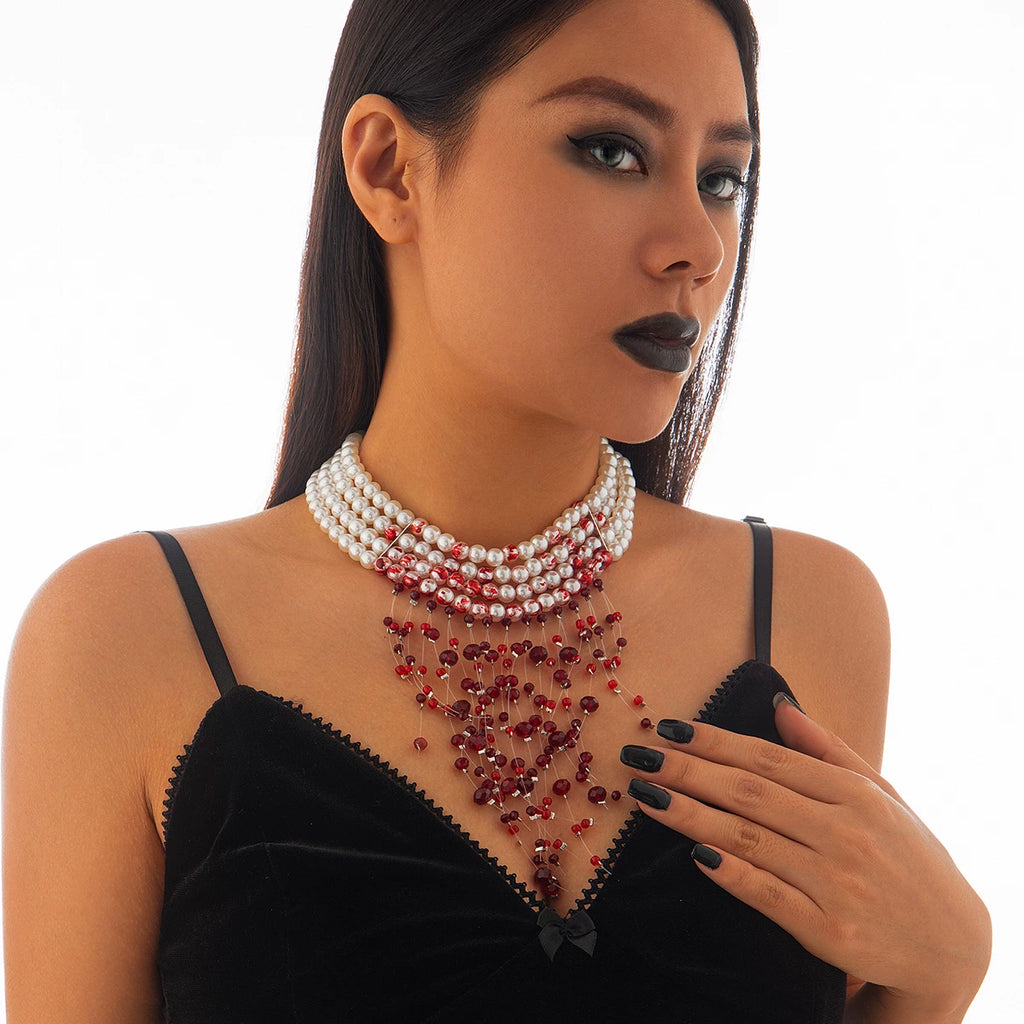 Halloween Gothic Blood Drop Multi-Layer Choker Necklace for Women – Imitation Pearl Cosplay Jewelry for Halloween & Christmas
