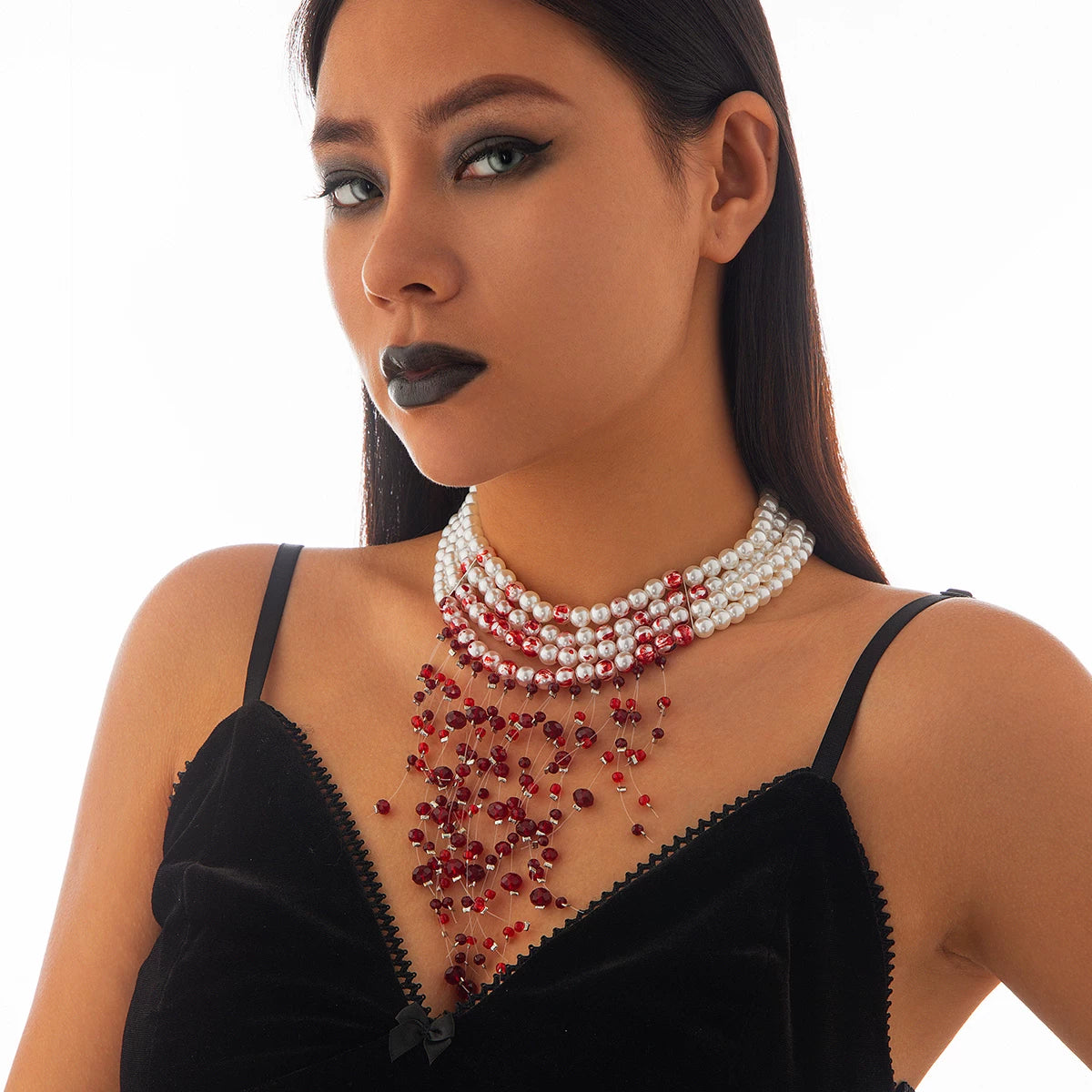 Halloween Gothic Blood Drop Multi-Layer Choker Necklace for Women – Imitation Pearl Cosplay Jewelry for Halloween & Christmas