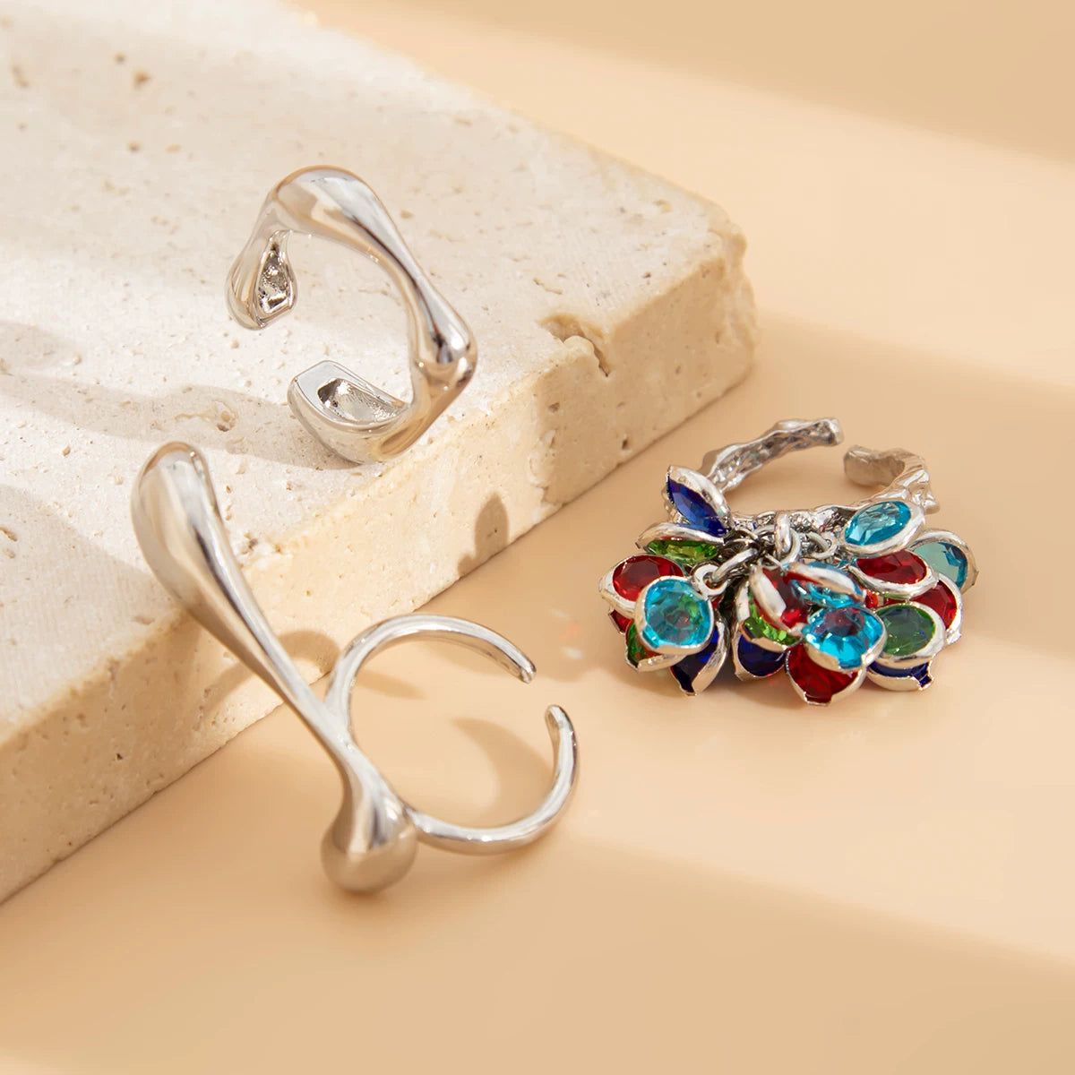 3-Piece Crystal Comma Ring Set European And American Vintage Fashion Girls Photo Shoot With Accessories Trendy