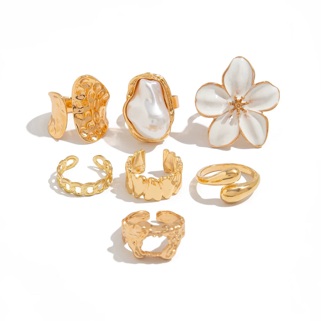7-Piece Flower Irregular Hollow Ring Set, Summer Trendy And Personalized Niche Internet Celebrity Photo And Photo Accessories
