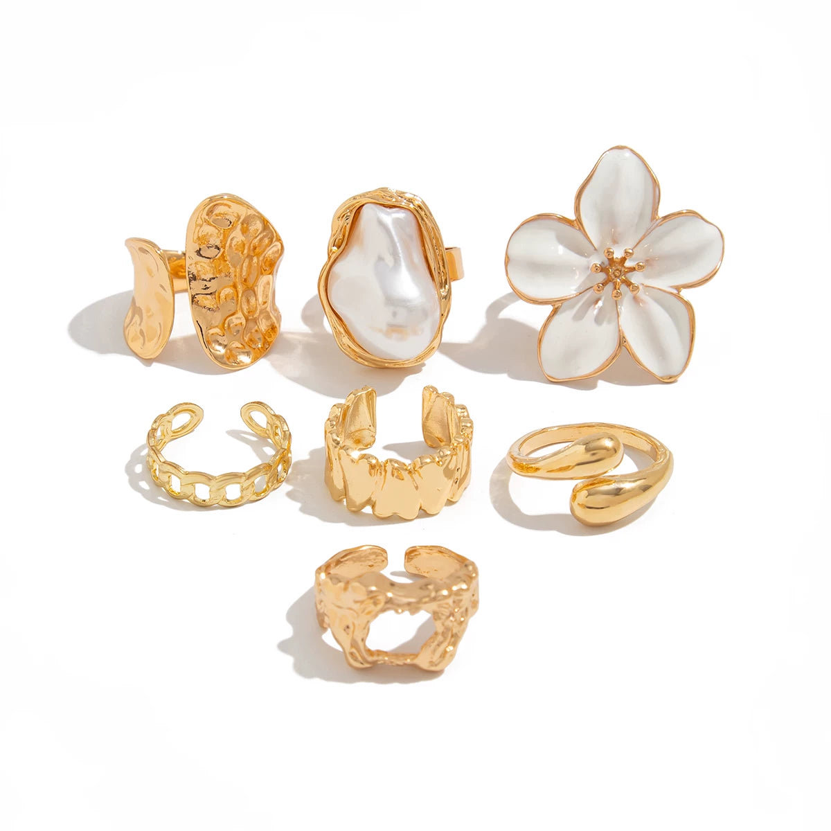 7-Piece Flower Irregular Hollow Ring Set, Summer Trendy And Personalized Niche Internet Celebrity Photo And Photo Accessories