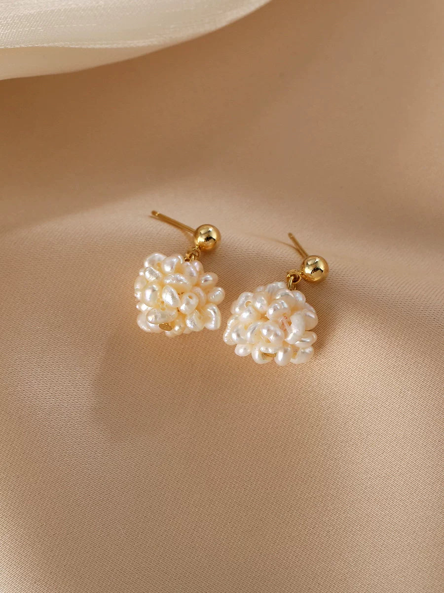 Natural Pearl Flower Earrings for Women – French Style Millet Bead Braided S925 Silver Needle Earrings