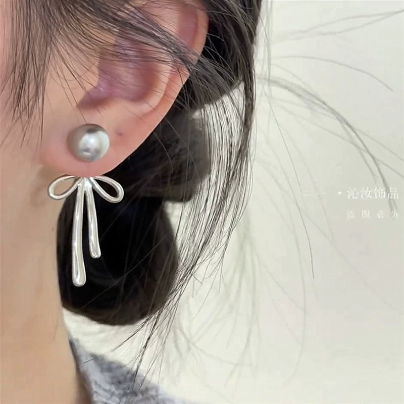 Gray Pearl Bow Tassel Earrings for Women – S925 Silver Needle Long Drop Fashion Earrings