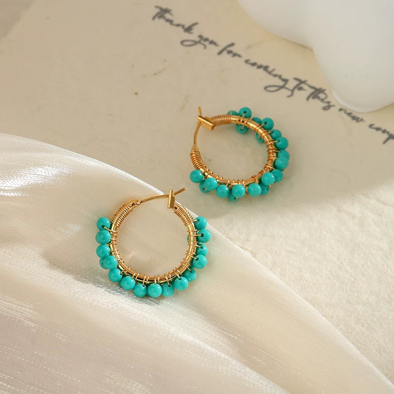 Chinese Style Turquoise Green Hoop Earrings for Women – Summer Fresh Round Fashion Earrings
