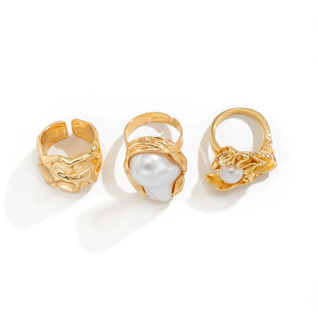 3-Piece Baroque Imitation Pearl Irregular Ring Set European And American Personalized Fashion Niche Design Ring Set