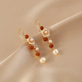 Natural Pearl Southern Red Agate Flower Earrings for Women – Braided Long Drop Fashion Earrings