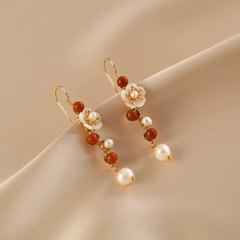 Natural Pearl Southern Red Agate Flower Earrings for Women – Braided Long Drop Fashion Earrings