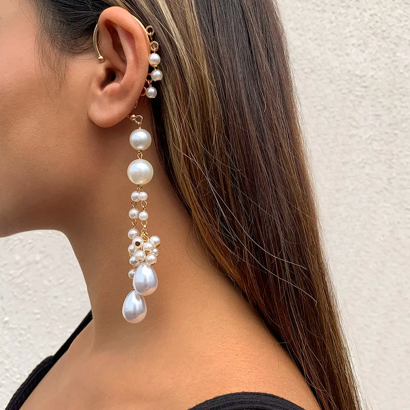 Long Tassel Imitation Pearl Ear Clip Earrings for Women – European & American 2025 Trendy Niche Non-Pierced Fashion Jewelry