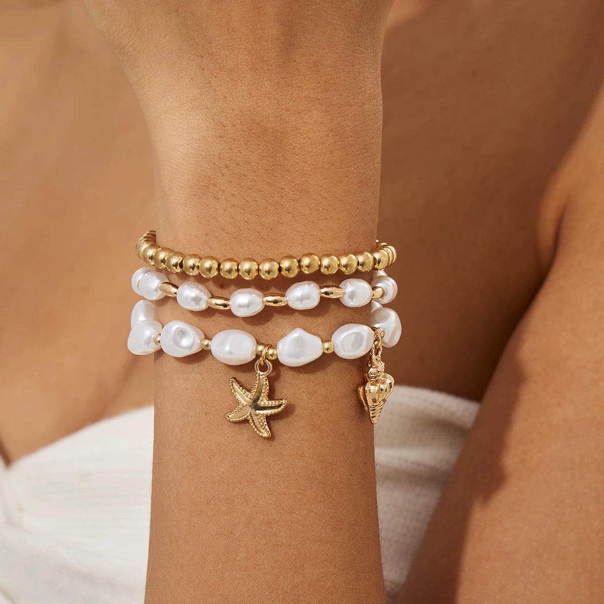 3-Piece Starfish & Conch Imitation Pearl CCB Hand Jewelry Set for Women – European & American Trendy Seaside Vacation Accessories