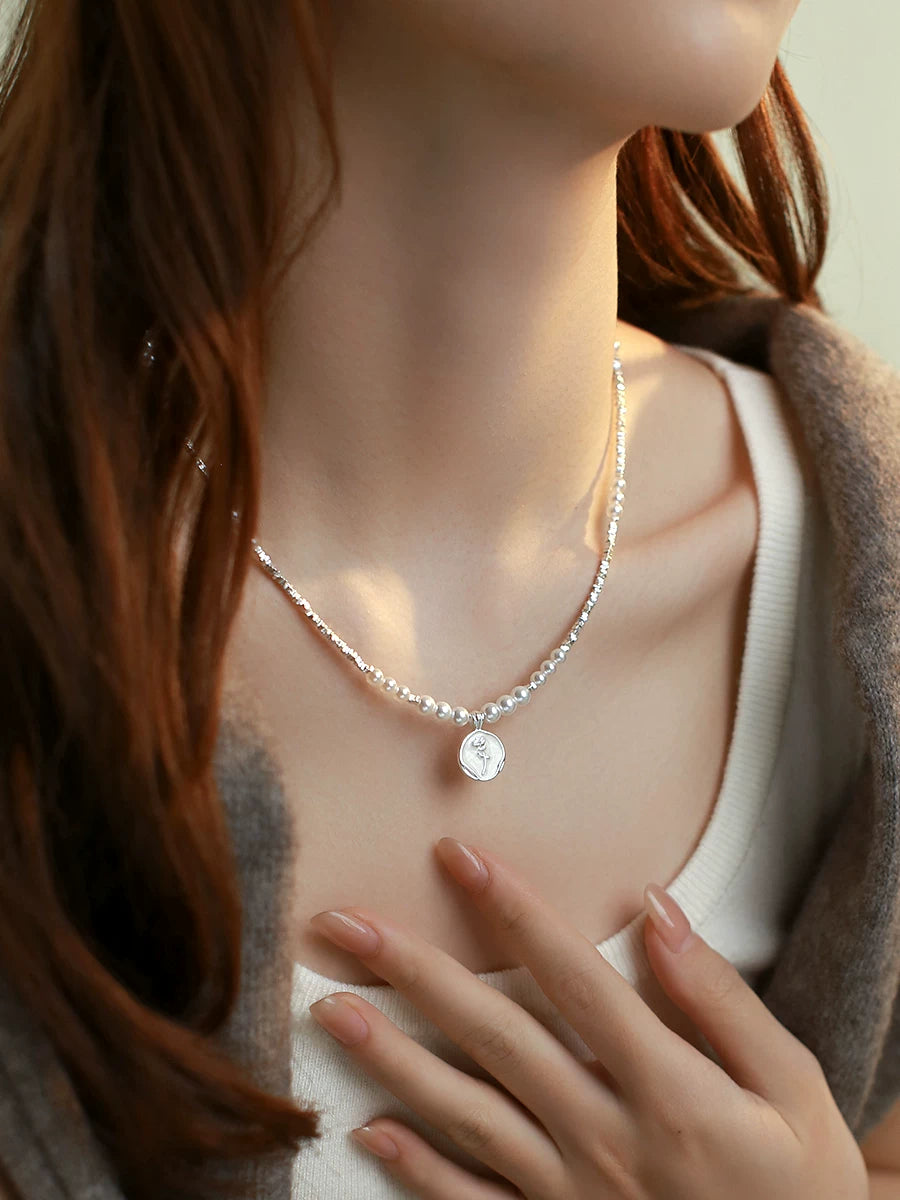 Broken Silver Style Natural Pearl Necklace for Women – S925 Silver Drip Glaze Rose Pendant Clavicle Chain