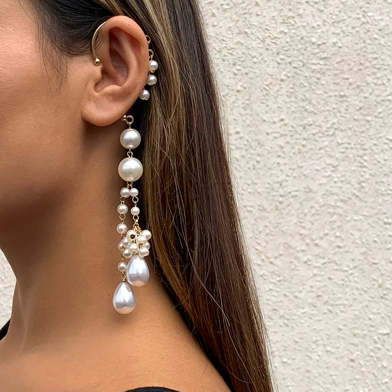 Long Tassel Imitation Pearl Ear Clip Earrings for Women – European & American 2025 Trendy Niche Non-Pierced Fashion Jewelry