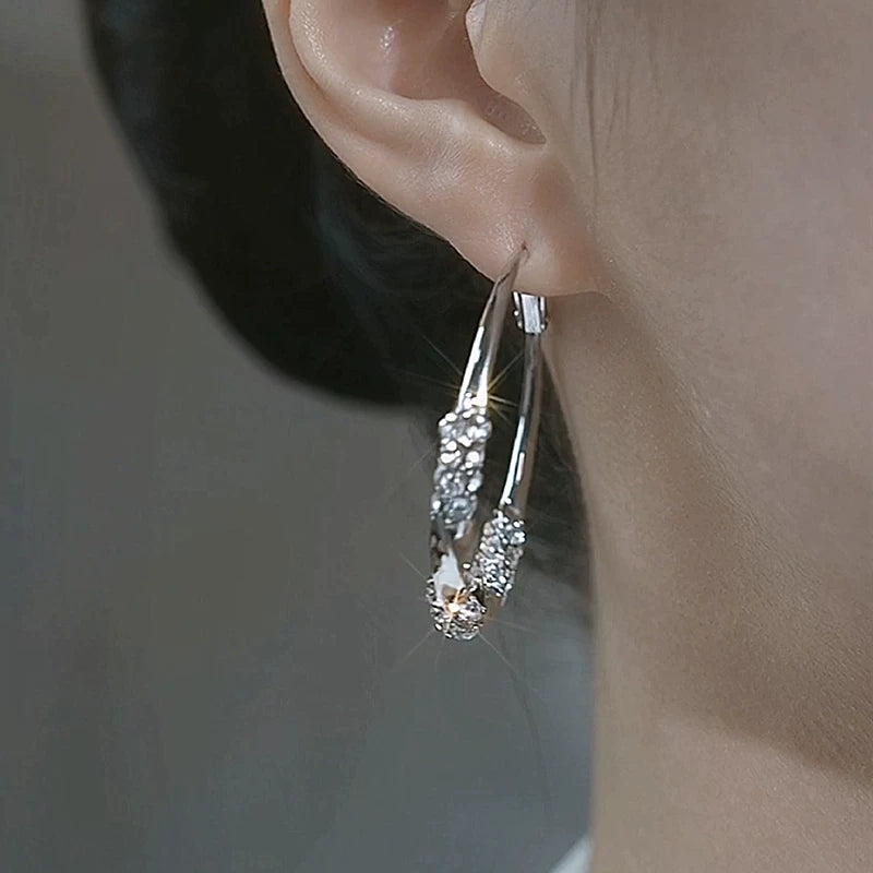 Silver Zircon Large Hoop Earrings for Women – S925 Silver Needle Statement Round Earrings