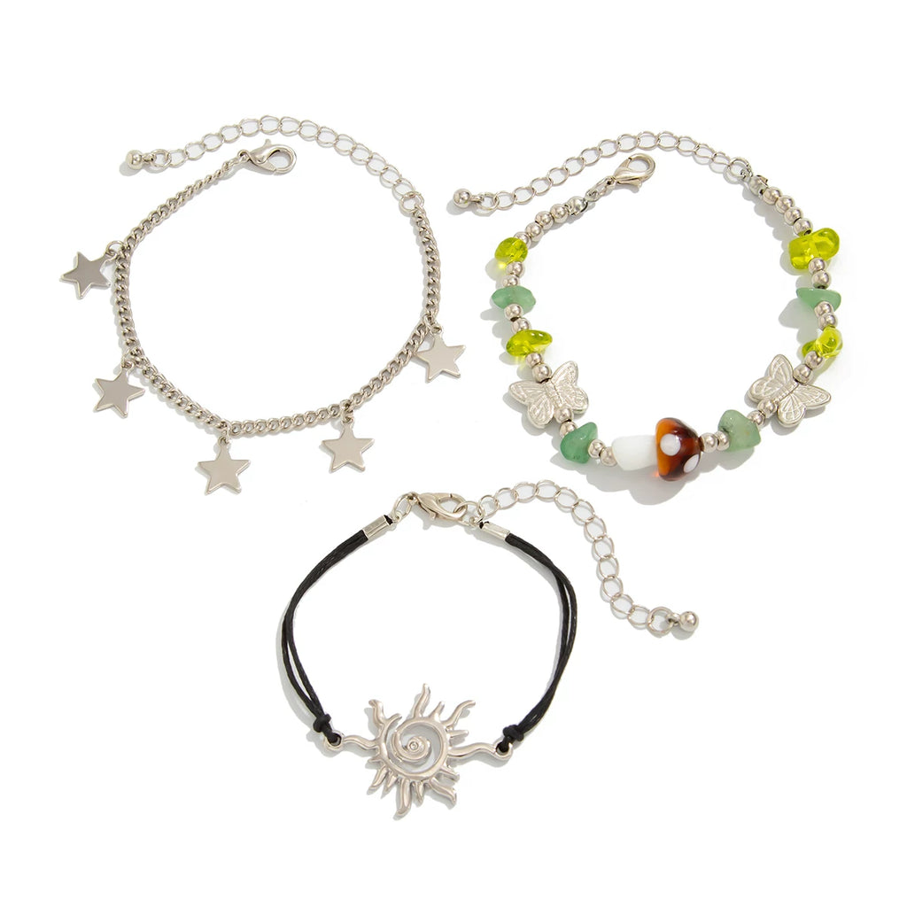 3-Piece Mushroom Crystal-Style Leather Wax Cord Bracelet Set – Summer Retro Stacking Hand Jewelry for Women