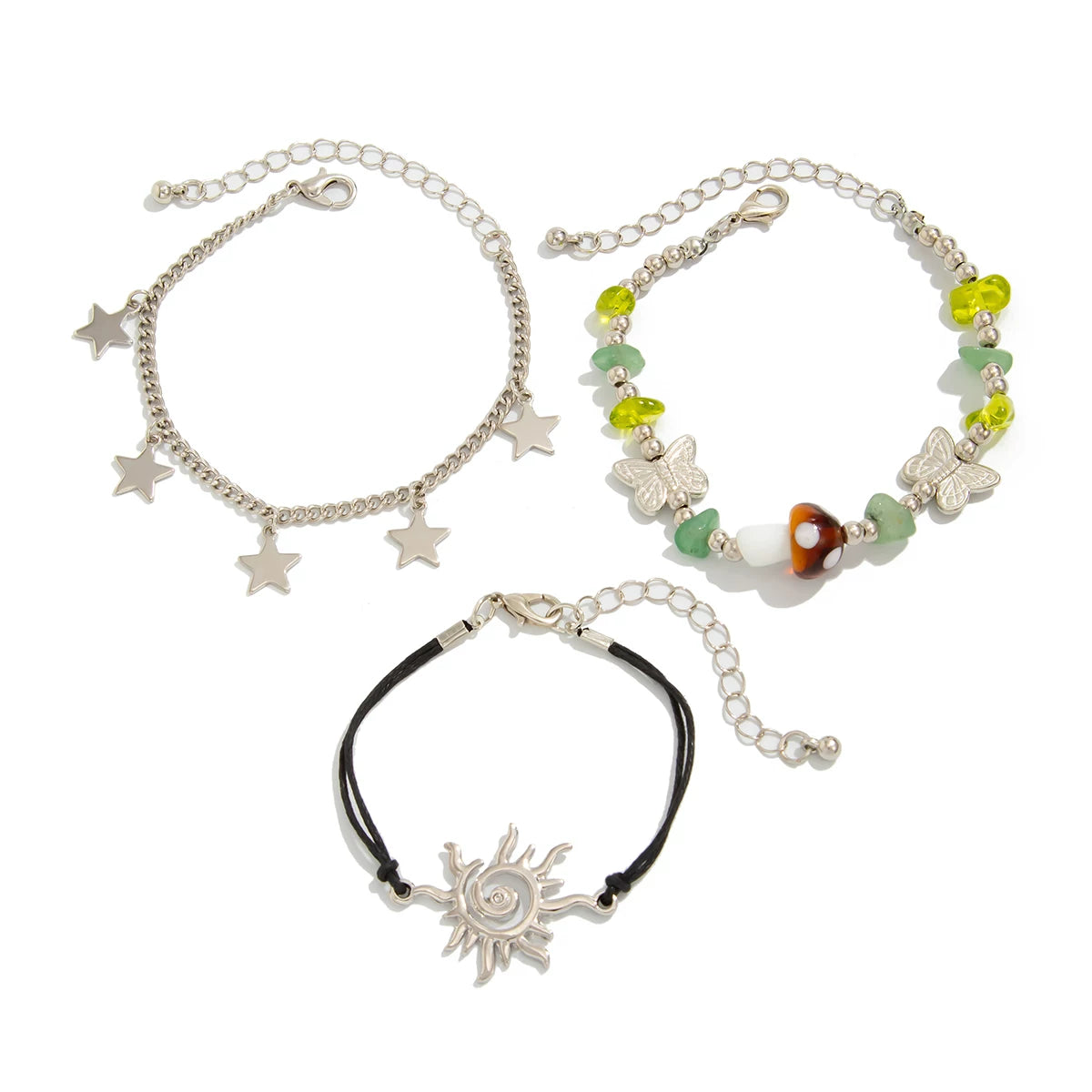 3-Piece Mushroom Crystal-Style Leather Wax Cord Bracelet Set – Summer Retro Stacking Hand Jewelry for Women