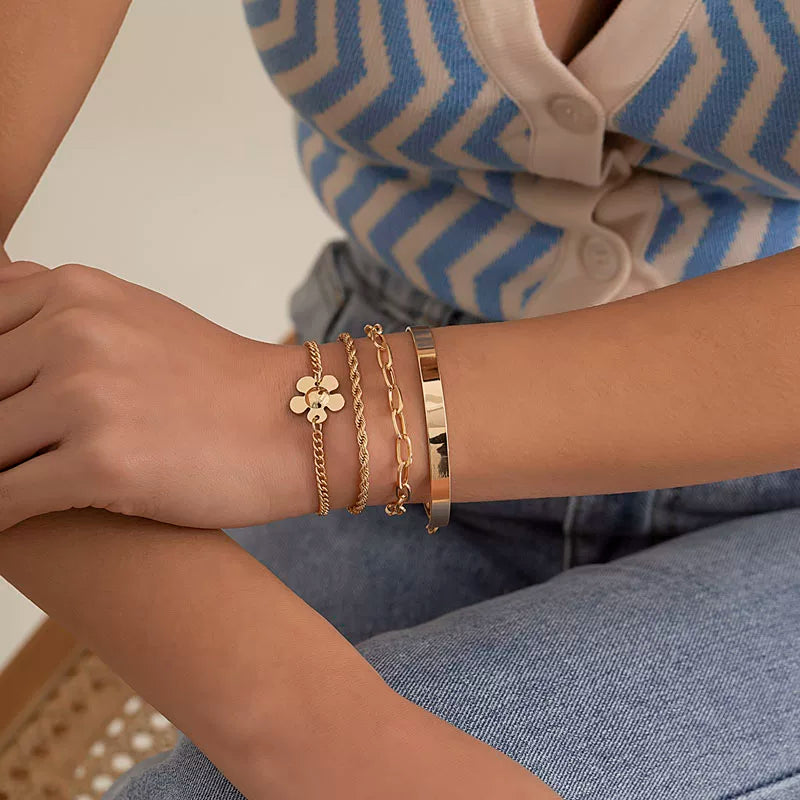 4-Piece Twist Metal Bracelet Set for Women – European & American 2025 Summer Minimalist Influencer-Inspired Hand Jewelry