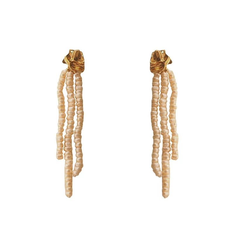 French Baroque Pearl-Style Long Tassel Ear Clip Earrings for Women – Antique Court-Inspired Pleated Vintage Non-Pierced Jewelry
