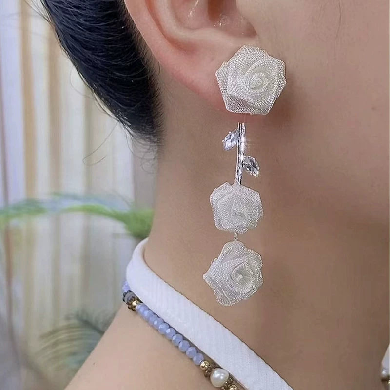 Zircon Mesh Rose Tassel Earrings for Women – S925 Silver Needle Long Drop Fashion Earrings