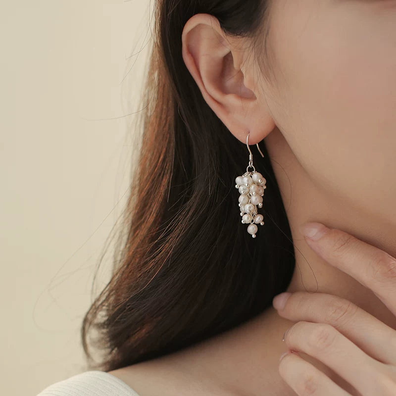 Natural Pearl Tassel Grape Cluster Earrings for Women – Retro Style S925 Silver Ear Hook Earrings
