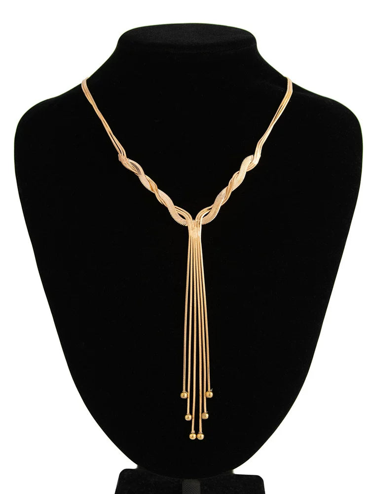 Love V Gold Knotted Tassel Snake Chain Long Necklace for Women – European & American Style 2025 Trendy Sweater Chain Jewelry