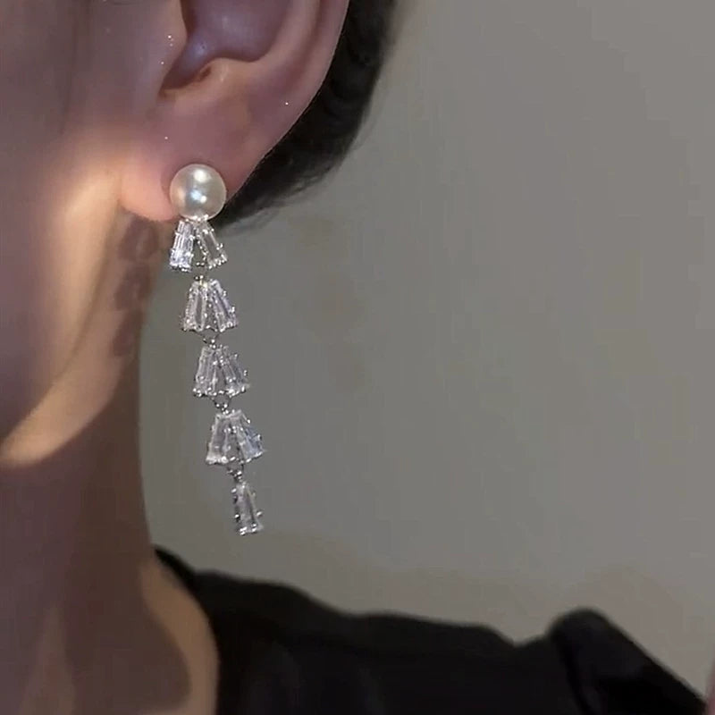 Zircon Pearl Tassel Earrings for Women – S925 Silver Needle Long Drop Fashion Earrings