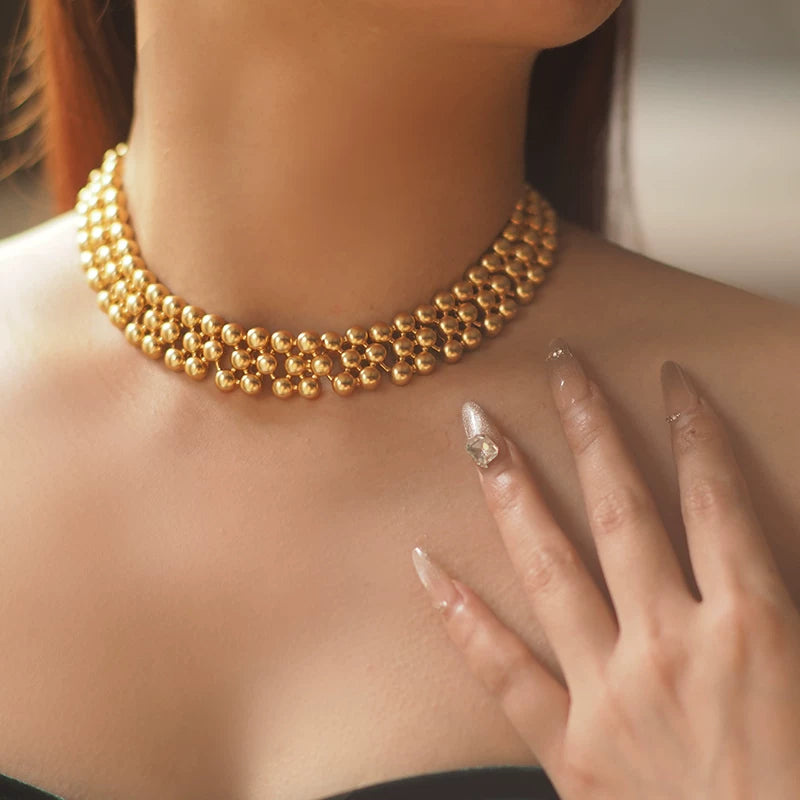Fanhua G Family Gold Beads Medieval Vintage Necklace for Women – European & American Retro Palace Style Choker Fashion Jewelry