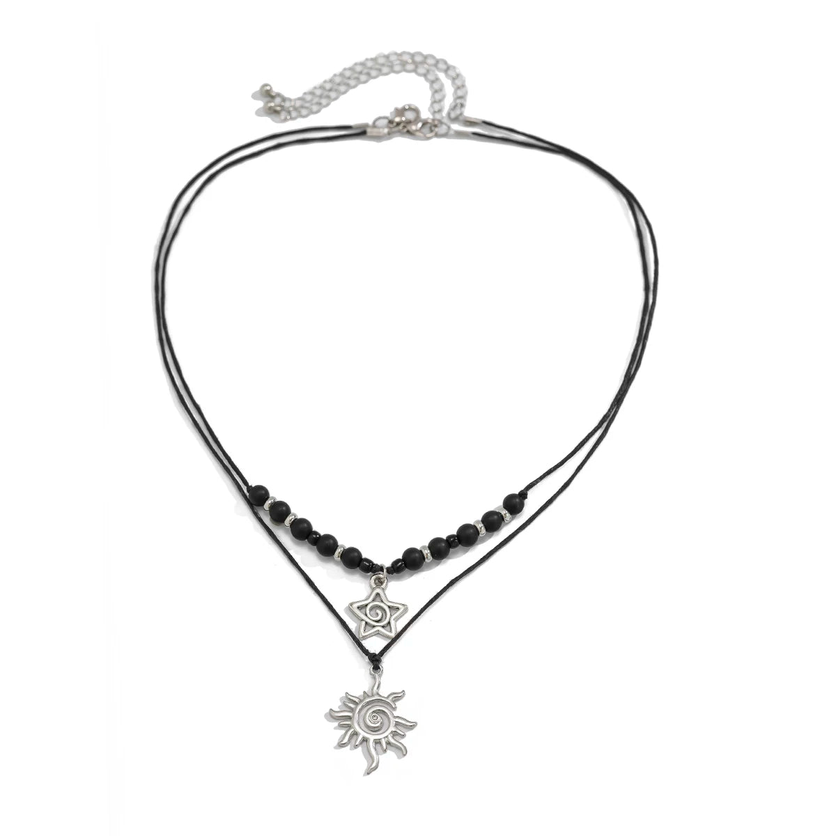 2-Piece Sun & Five-Pointed Star Frosted Bead Wax Thread Necklace Set – Long Clavicle Chain Design
