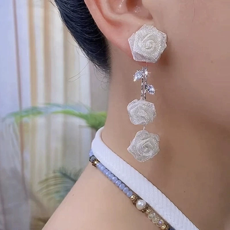 Zircon Mesh Rose Tassel Earrings for Women – S925 Silver Needle Long Drop Fashion Earrings