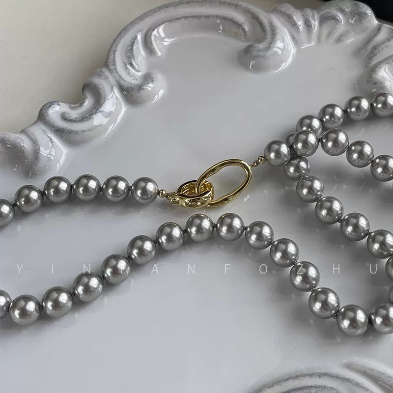 British Style Silver Gray Round Pearl Necklace for Women – Clavicle Chain Fashion Necklace