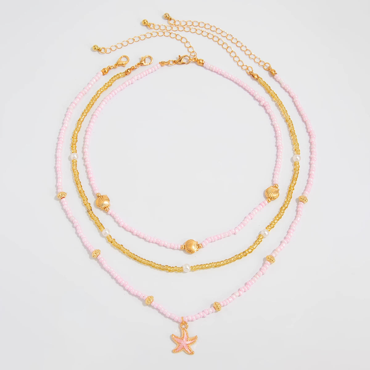 3-Piece Starfish & Scallop Rice Bead Necklace Set – Summer Beach Style for Women