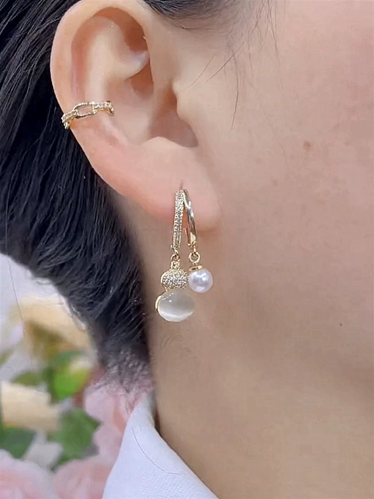 Cat Eye Stone Gourd Pearl Stud Earrings for Women – Elegant Pearl Ear Button Fashion Jewelry
