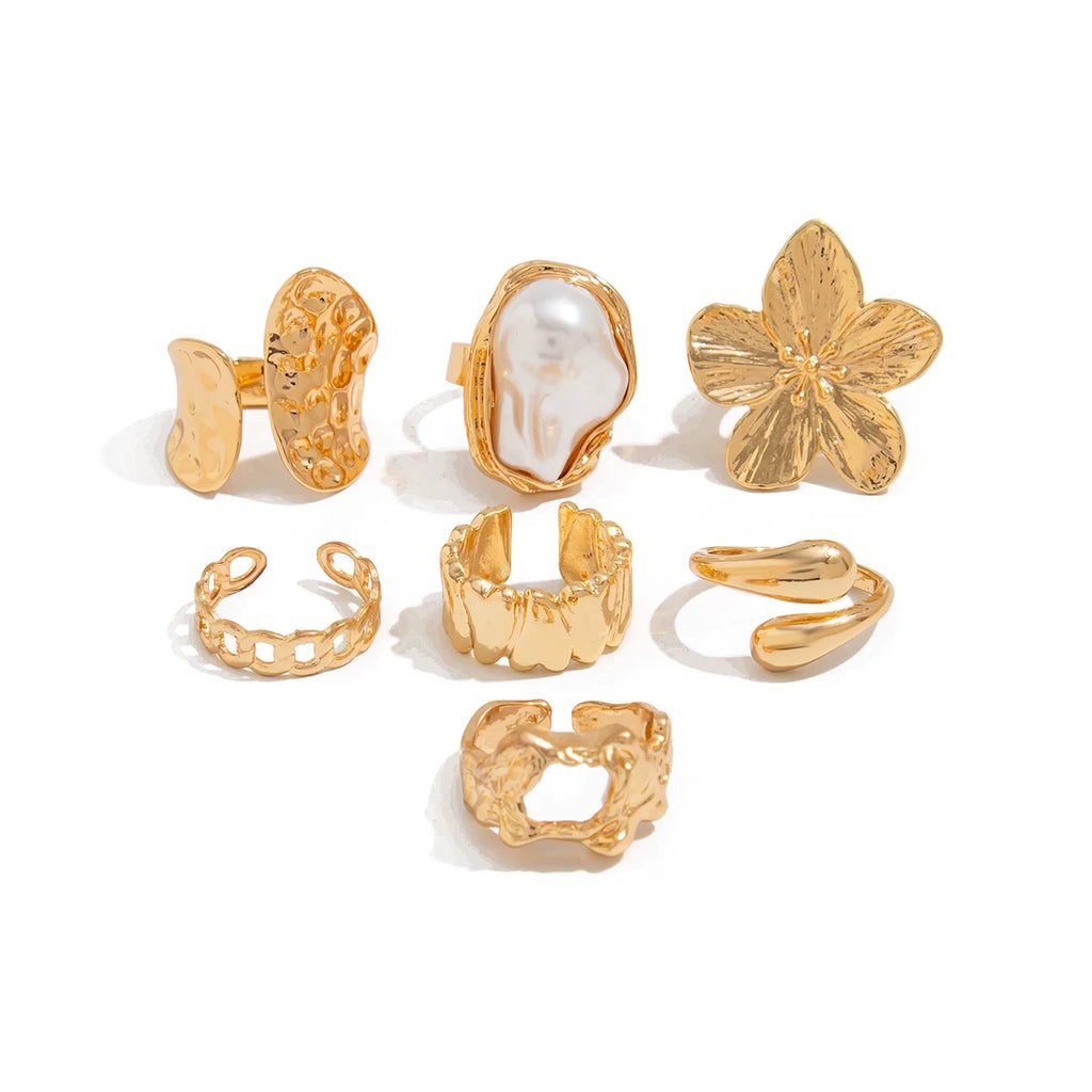7-Piece Flower Irregular Hollow Ring Set, Summer Trendy And Personalized Niche Internet Celebrity Photo And Photo Accessories