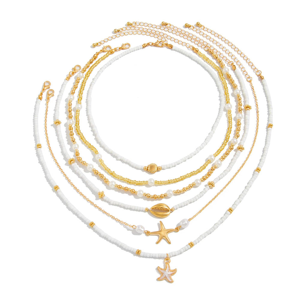 6-Piece Starfish Imitation Pearl & Rice Bead Necklace Set – Layered Clavicle Chain Design