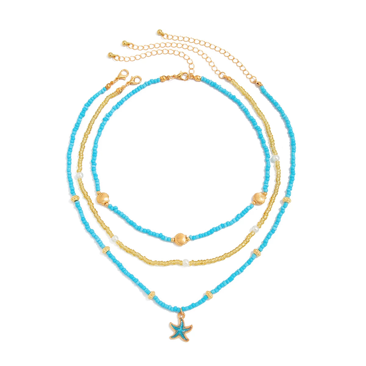 3-Piece Starfish & Scallop Rice Bead Necklace Set – Summer Beach Style for Women