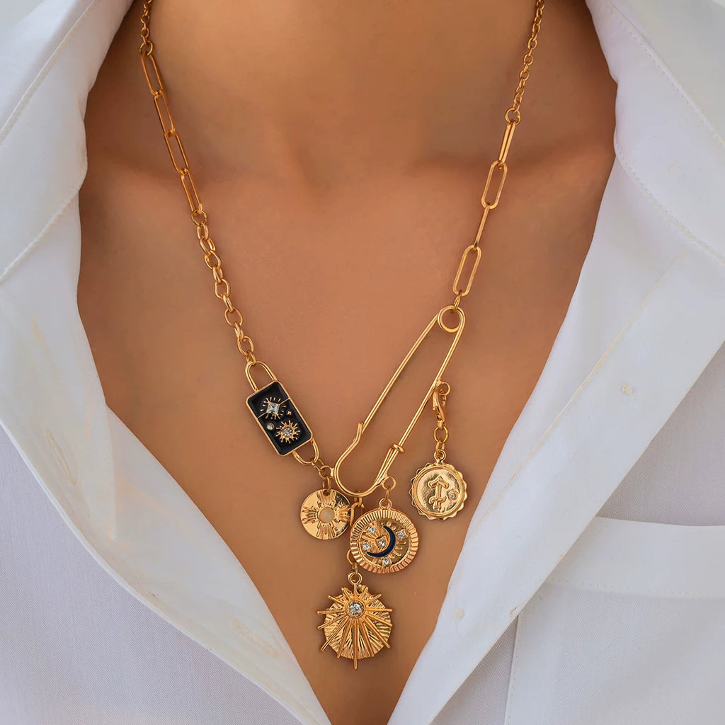 Star & Moon Round Pin Cross Necklace for Women – Asymmetric Clavicle Chain Design