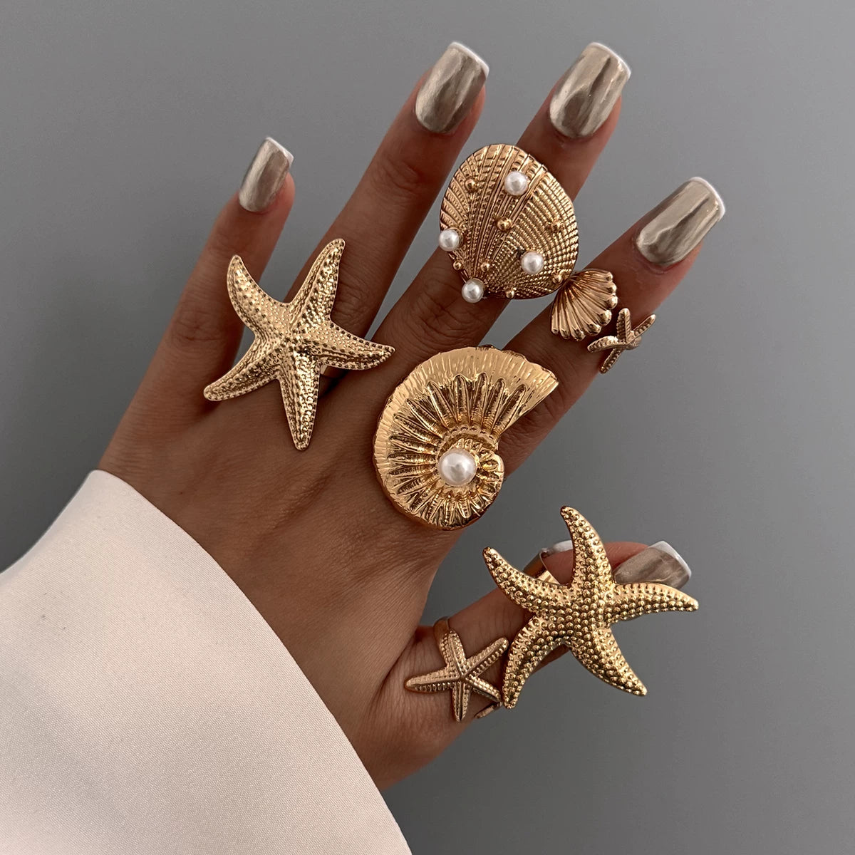 6-Piece Starfish, Scallop And Conch Ring Set. Hip-Hop Fashion Trend. Cool Accessories For Seaside Travel And Vacation.