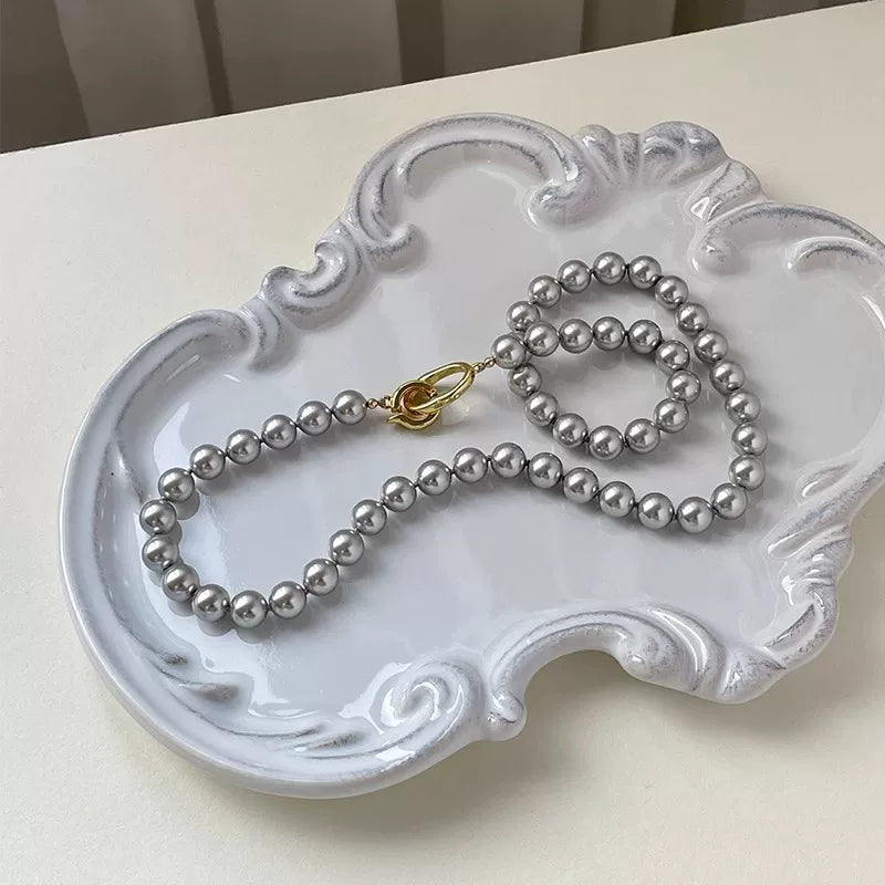 British Style Silver Gray Round Pearl Necklace for Women – Clavicle Chain Fashion Necklace