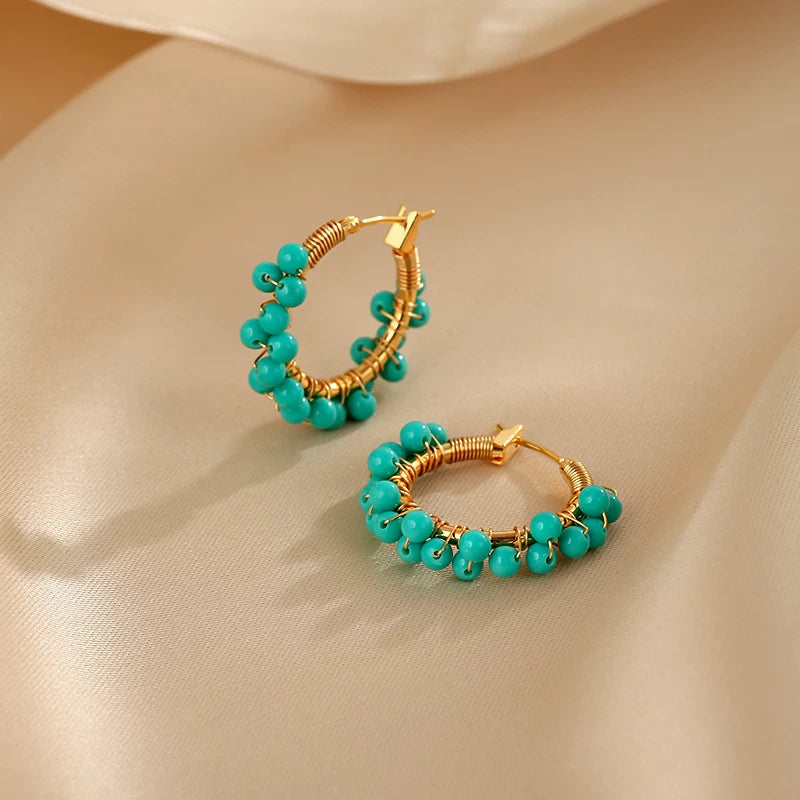 Chinese Style Turquoise Green Hoop Earrings for Women – Summer Fresh Round Fashion Earrings